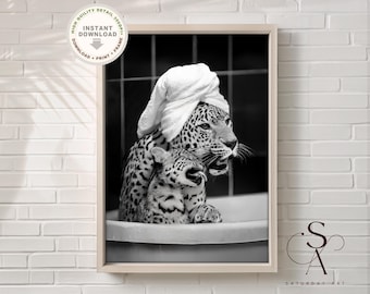 Leopard Mom and Cub in Bathtub printable art, Black and White, Vintage Photography, WC Wall Art, Bathroom sign, Digital Download