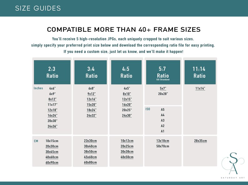 May include: A chart showing different print size ratios for artwork, including 2:3, 3:4, 4:5, 5:7, and 11:14. The chart lists various sizes in inches and centimeters, including standard ISO paper sizes.