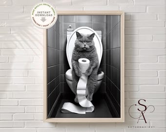 British cat on toilet printable art, cat art Print, Black and White, Vintage Photography, Bathroom Wall Art, WC Sign, Digital Download