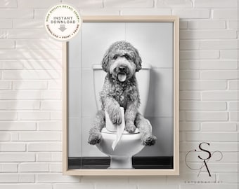 Adorable Goldendoodle Dog on Toilet Print, Black and White, Funny Dog Photography, Bathroom Wall Art, Dog Poster, WC Sign, Digital Download