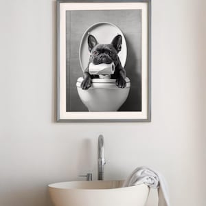 May include: A black French bulldog sits on a white toilet bowl, holding a roll of toilet paper in its mouth. The dog is looking directly at the camera. The image is in black and white and is framed in a silver frame.