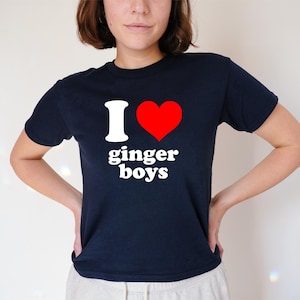 I Love Ginger Boys Heart Baby Tee, 90s / Y2K Style, 2000s Aesthetic, Cropped T-Shirt, Coquette, Iconic, Unhinged, Funny Slogan