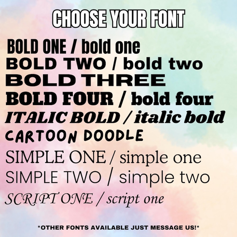 Peut inclure: Une image color&eacute;e avec le texte "CHOOSE YOUR FONT" en haut. L'image montre une vari&eacute;t&eacute; de styles de police, y compris gras, italique, dessin anim&eacute; et script.