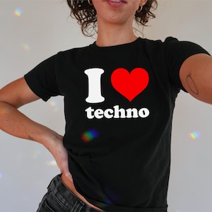 I Love Techno Heart Baby Tee Y2K / 90s Style, 2000s, Cropped Tee, Iconic Slogan, 00s Fashion, Techno, Dnb Rave, Festival