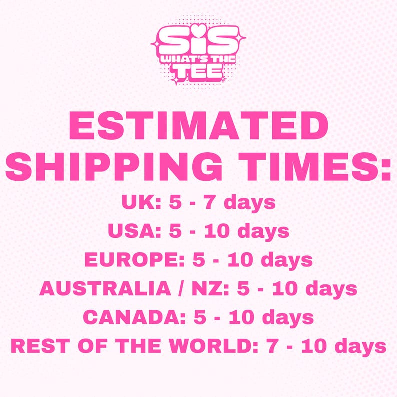 a pink and white poster with the words estimated shipping times