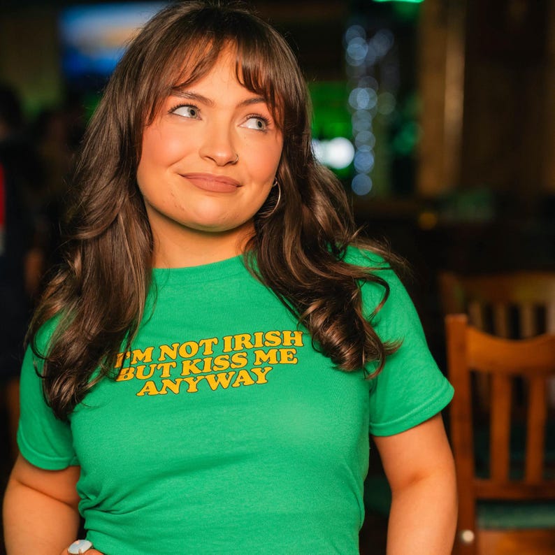 St Paddy's Day Baby Tee, I'm Not Irish But Kiss Me Anyway, Y2K / 90s Style, 2000s, Cropped Tee, Iconic Slogan, 00s Fashion, St Patrick's Day image 1