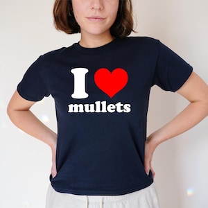I Love Mullets Heart Baby Tee, 90s / Y2K Style, 2000s Aesthetic, Cropped T-Shirt, Coquette, Iconic, Unhinged, Funny Slogan