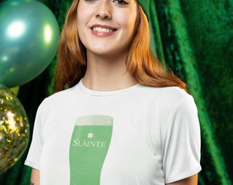 St Paddy&#39;s Day Baby Tee, Green Sláinte Pint Glass, Iconic Slogan, 2000s / Y2K Inspired, St Patrick&#39;s Day Irish Slogan Crop Top