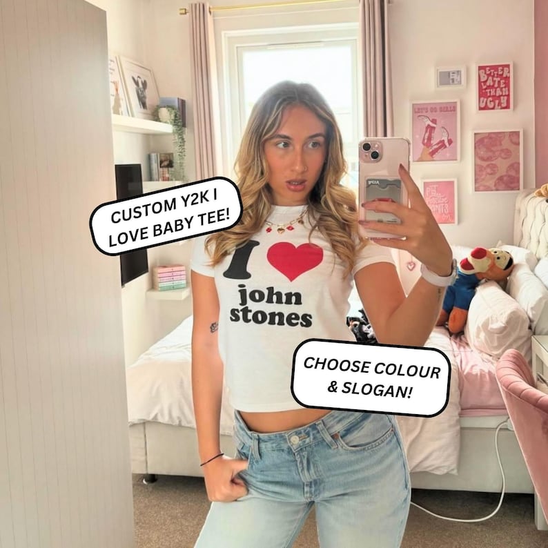 I Love Custom Baby Tee, Personalised I Heart Slogan, 90s / Y2K Style, 2000s Aesthetic, Cropped T-Shirt, Iconic, Unhinged, Funny Meme Slogan image 1