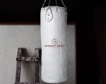 Unique Luxury White PU Leather Punching Bag for Gym & MMA Enthusiasts-Cowhide Boxing Bag-Sandbag-Heavy Bag-Kickboxing Training-Home Decor.