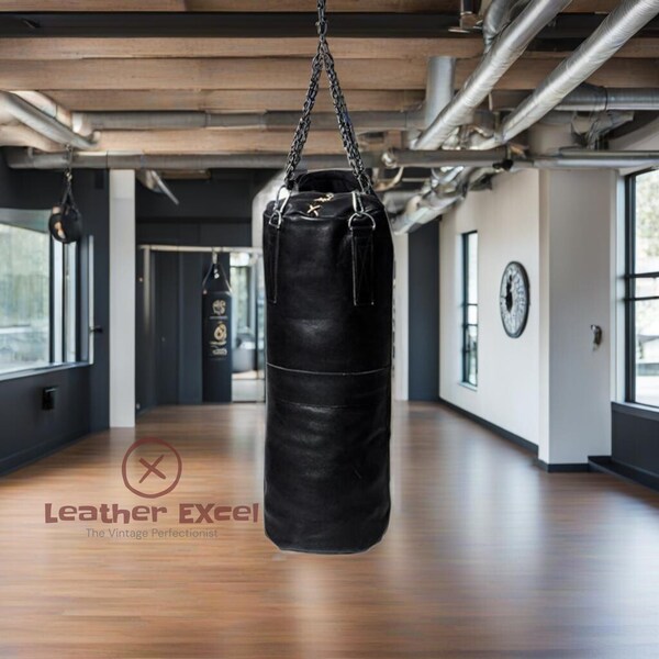 Onyx black original leather punching bag, Cowhide training boxing bag, MMA kickboxing handmade sand bag, cowhide heavy bag, Easter gift.