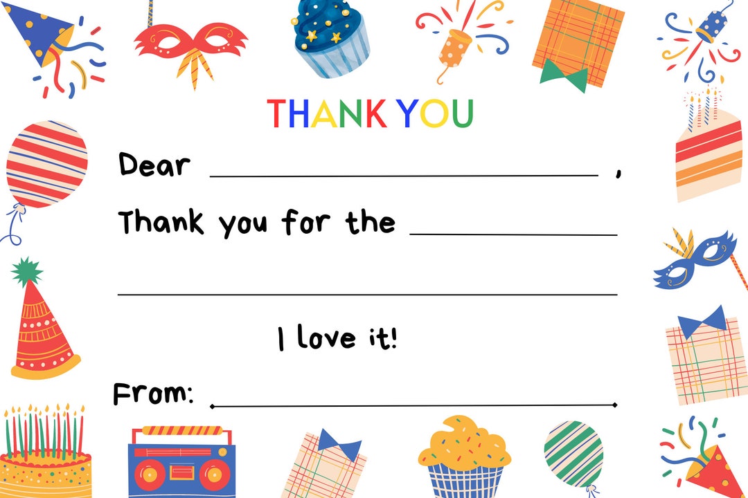 Printable Kids Birthday Party Thank You Boy Girl Gender Neutral Card