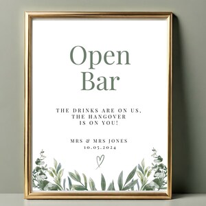 Open bar wedding sign printable editable bar menu sign template drinks menu DIY wedding signage