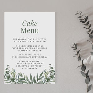 Kuchen Menü Schild Hochzeit Vorlage, Hochzeitsschilder Eukalyptus Salbei grün zum Ausdrucken, DIY Hochzeitsschilder einfach