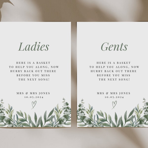 Ladies & gents wedding basket sign, wedding bathroom sign template, editable printable download canva template