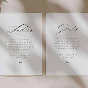 Ladies & gents wedding basket sign, wedding bathroom sign template, editable printable download canva template