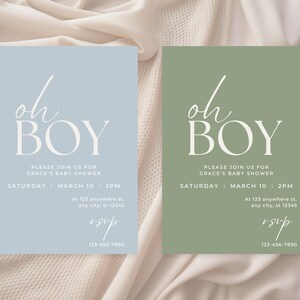 Modèle Evite modifiable d'invitation de baby shower Oh Boy pour une fête de baby shower pour une annonce de baby shower