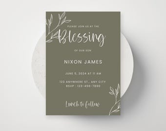 LDS Baby Blessing Invitation Template Green Floral Decorative Invite Online Editable Blessing Day Evite