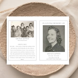May include: A black and white photo of a woman with a warm smile. The photo is on a white background with black text that reads "GRACE JONES" and "IN LOVING MEMORY OF".