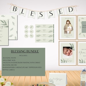 May include: A green and white printable blessing bundle for a baby shower or christening. The bundle includes a welcome sign, invitation, water bottle labels, cupcake toppers, and a watercolor painting of Jesus holding a baby. The text on the sign reads "Welcome to Nixon Blue's Blessing".