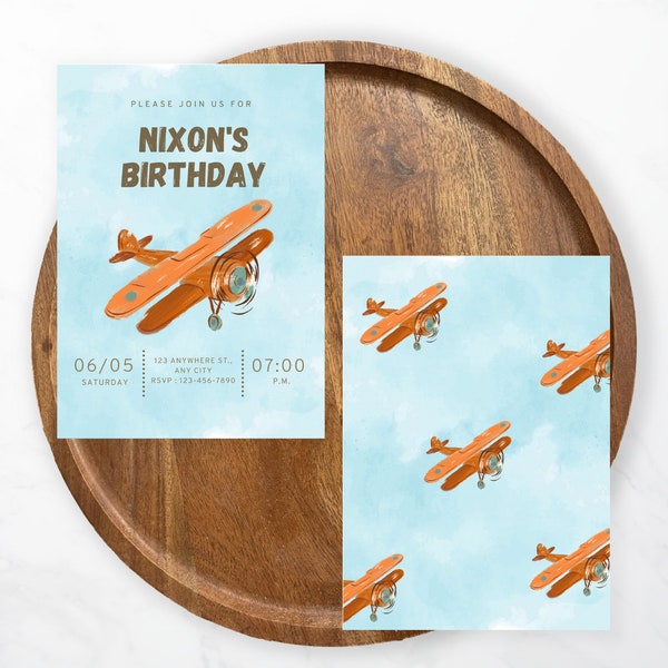 Airplane Kids Birthday Invitation Online Editable and Printable Kids Birthday Invite Template Plane Theme for Boys or Girls Birthday Party