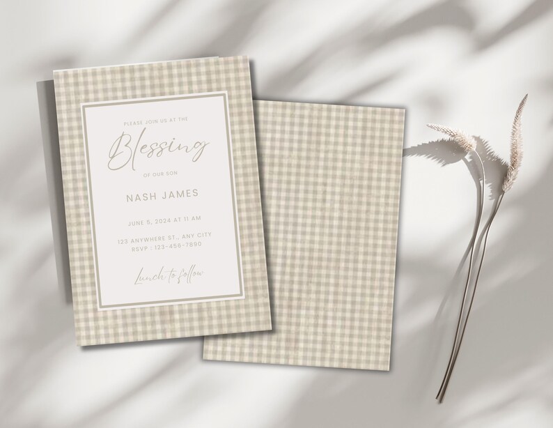 May include: A beige and white gingham pattern invitation card with the text "Please join us at the Blessing of our son Nash James June 8, 2023 at 11 AM 123 Anywhere St., Any City RSVP 123-456-7800 Lunch to follow"