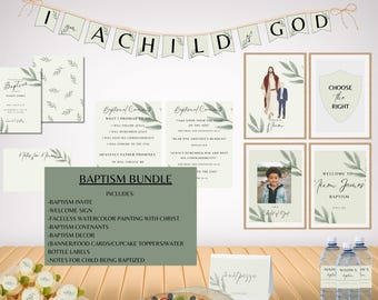 LDS Boy Baptism Bundle Kit with Jesus Christ Personalized Painting, Editable Invitation, Decorations, Banners, Food Cards, Instant Download
