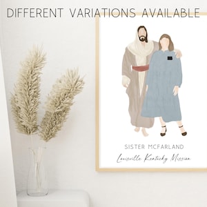 Soeur missionnaire SDJ avec Jésus-Christ personnalisé avec plusieurs options Peinture à l'aquarelle d'oeuvres d'art missionnaires aînées SDJ