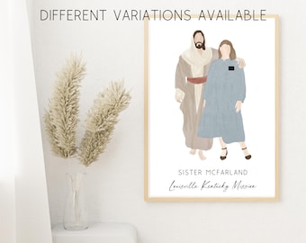 LDS Sister Missionary with Jesus Christ Personalized Package with Multiple Options Watercolor Painting of LDS Elder Missionary Artwork