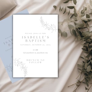 May include: A white invitation card with a gray floral design and the text "Please join us for Isabelle's Baptism, Saturday, October 25, 2025, 11 AM, 123 anywhere st, anywhere city, Brunch to follow."