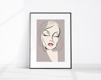 Female Face Line Art Drawing Red Lips, Woman’s Face Printable Artwork, Face Sketch Wall Art, Digital Download, Home Décor, Beauty Salon Art