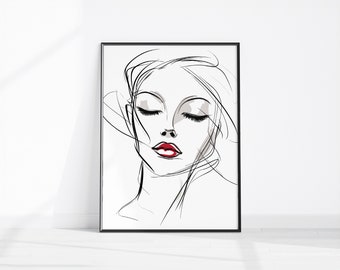 Woman’s Face Printable Artwork, Face Line Art Drawing Red Lips, Abstract Face Sketch, Wall Art, Digital Download, Home Décor, Bedroom Poster