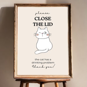 Funny Cat Art Print, Cat Bathroom Wall Decor, Close the Lid Toilet Printable, Cat Lovers Gift, Guest Bathroom Sign, Fun Restroom Art, WC Loo