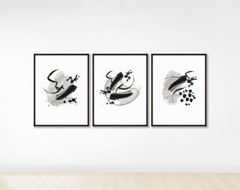 Brush Stroke Print Set of 3, Black & White Abstract Wall Art, Modern Minimal Ink Painting, Home Décor Printable Watercolour Instant Download