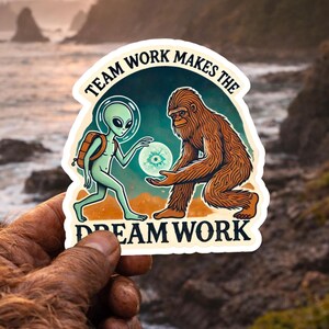 Bigfoot & Alien Teamwork Sticker – Nature Art image 1