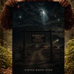 May include: A poster held by a Sasquatch features a night scene at Skinwalker Ranch in Uintah Basin, Utah. The poster includes the text "Skinwalker Ranch, Private Property, No Trespassing" and "Photography of this area is prohibited."