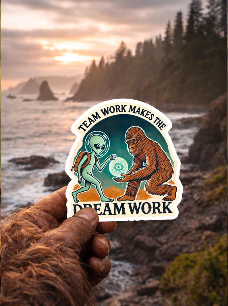 Bigfoot & Alien Teamwork Sticker – Nature Art image 1