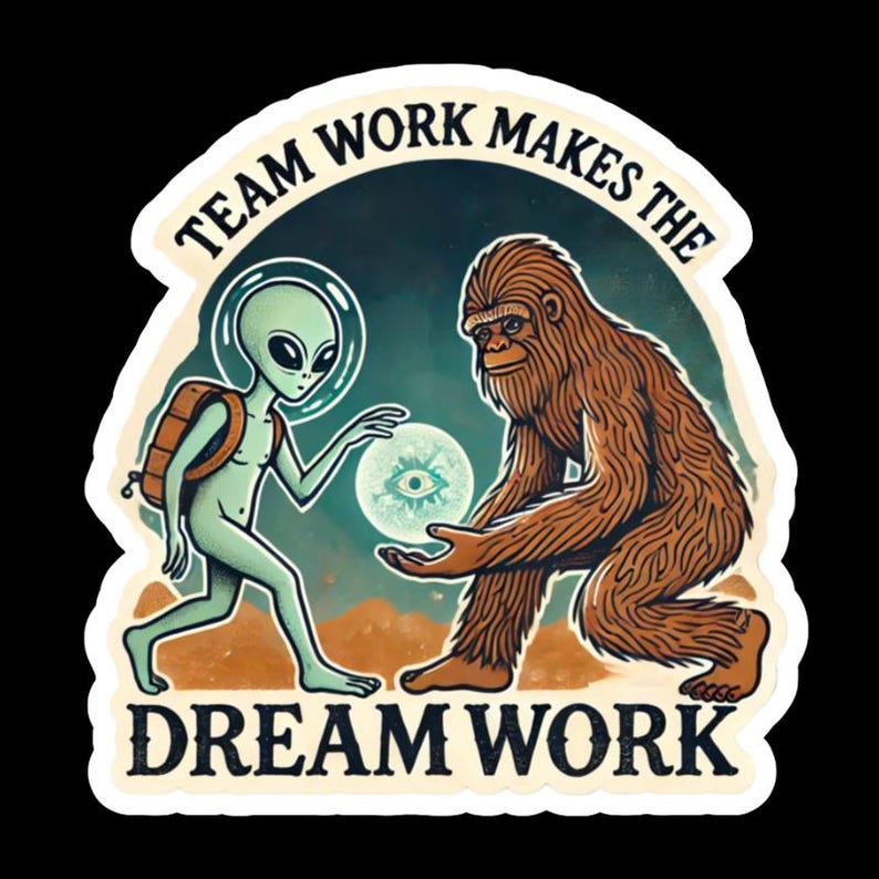 Bigfoot & Alien Teamwork Sticker – Nature Art image 4