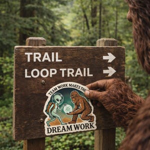 Bigfoot & Alien Teamwork Sticker – Nature Art image 3