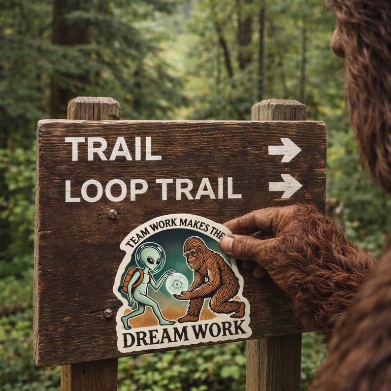 Bigfoot & Alien Teamwork Sticker – Nature Art image 3