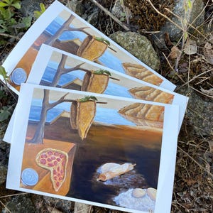 Persistance de la pizza'' inspiré de Salvador Dali peinture imprimée carte postale originale