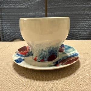 Anthropologie Feature Artist Signed Teacup and Saucer Set Abstract New Red Blue image 2