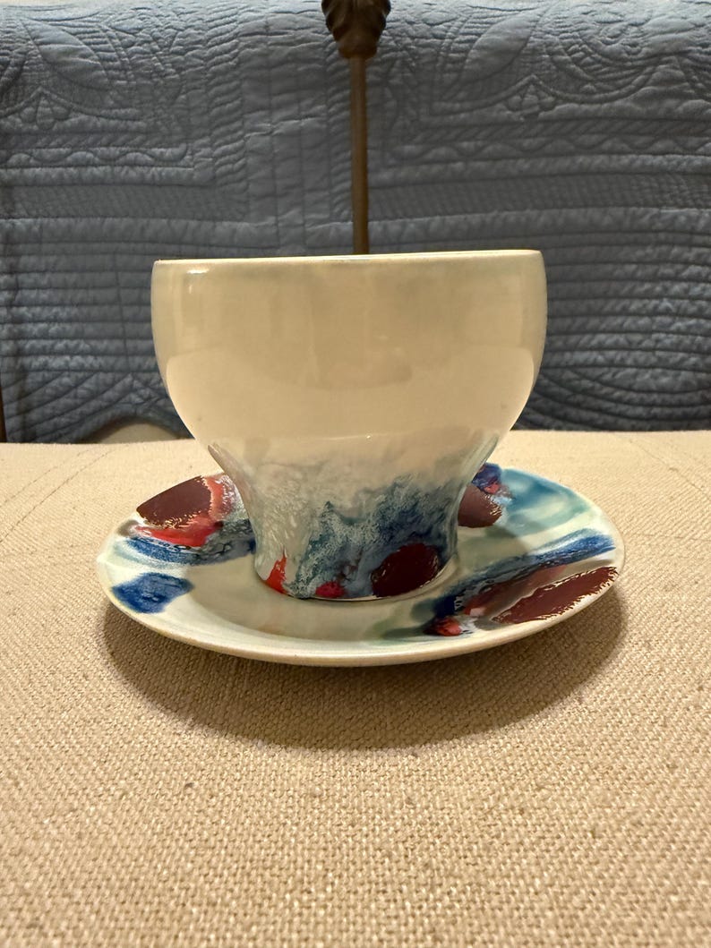 Anthropologie Feature Artist Signed Teacup and Saucer Set Abstract New Red Blue image 2