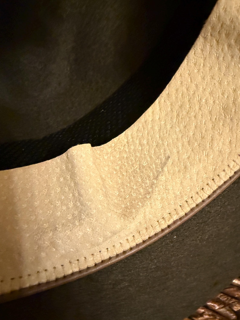 May include: Close-up of a hat's interior, showcasing the textured, light-colored lining and the dark, possibly felt, exterior. The stitching along the brim is visible, adding detail to the hat's construction. The hat appears to be a classic style.