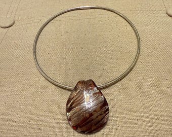 Murano Style Glass Pendant Brown/bronze Color W/Tortoise Shell Look Silver Chain