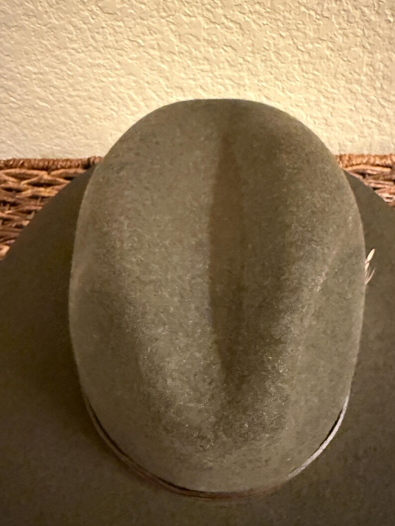 May include: A close-up of a green cowboy hat. The hat has a rounded crown and a wide brim. A thin, light-colored band encircles the base of the crown. The hat is made of a felt-like material.