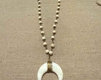 Gold Tone White Crescent Moon Horn Pendant On Beaded Necklace Boho