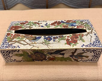 Cloisonne Tissue Box Cover Asian Chinese Enamel Brass Birds Flowers Vintage 50's