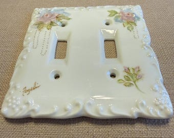 Porcelain Dual Light Switch Plate Cover White Hand Painted Flowers Roses Signed