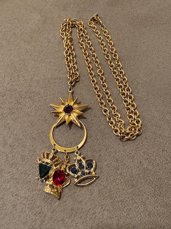 Vintage Napier "ROYALTON" Dangle Charm Pendant Necklace SWAROVSKI CRYSTAL Crowns